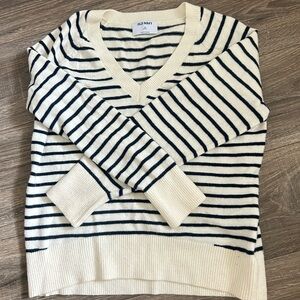 Old Navy Women's V-Neck Sweater - Cream and Black Stripes